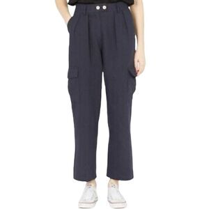NWT The Korner High Waisted Linen Cargo Pants in Navy Blue Size 04